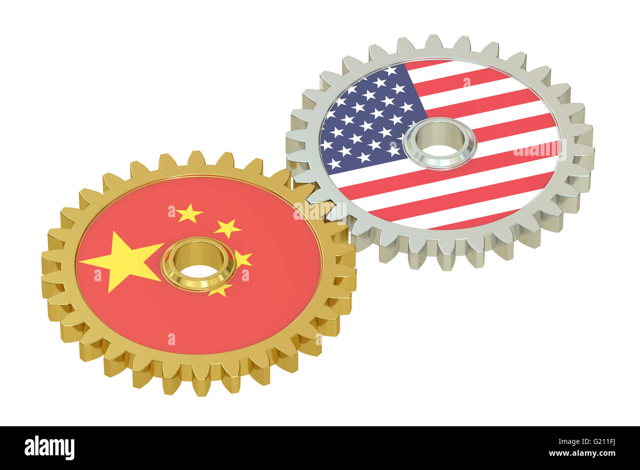 China and United States relations concept, flags on a gears. 3D rendering isolated on white background Stock Photo