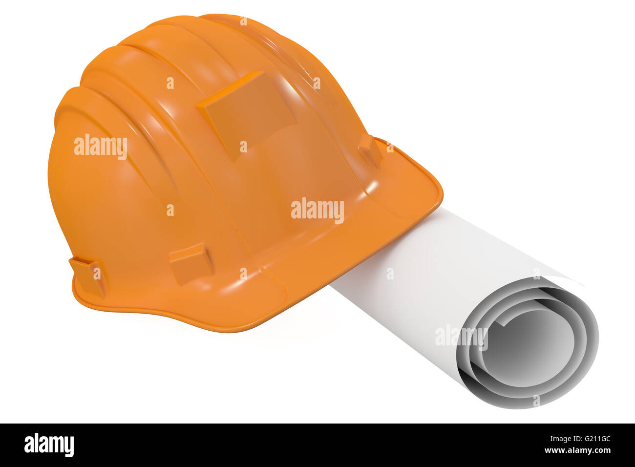 hard hat with blueprint, 3D rendering isolated on white background Stock Photo