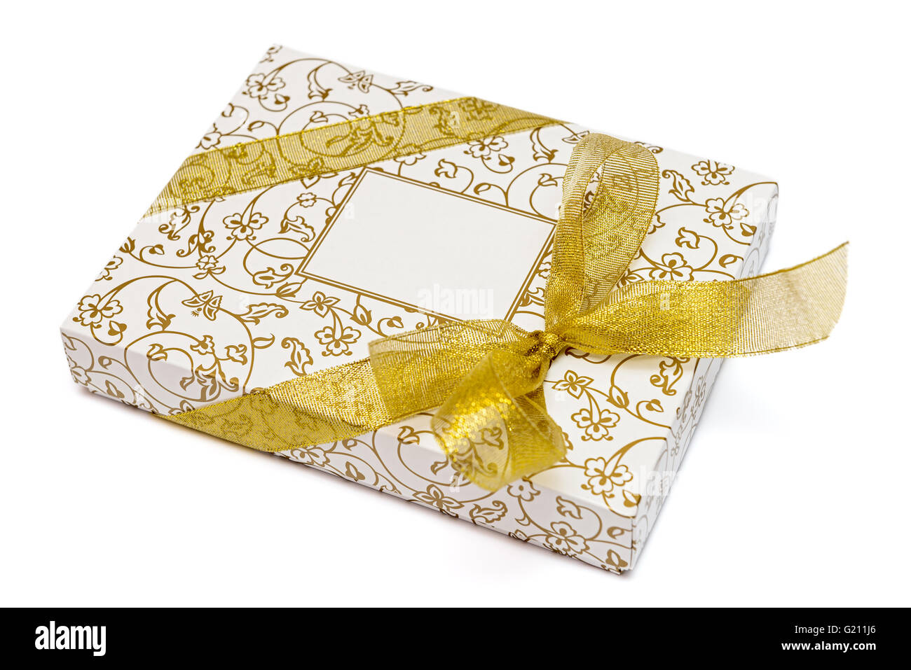 Gift box with gold ribbon and bow isolated on white background Stock ...