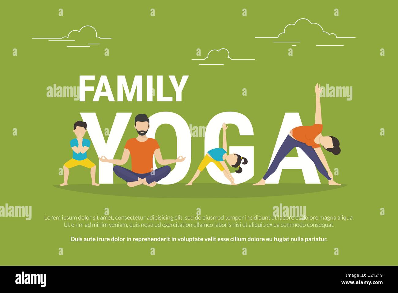 Concept illustration of family with kids doing yoga Stock Vector