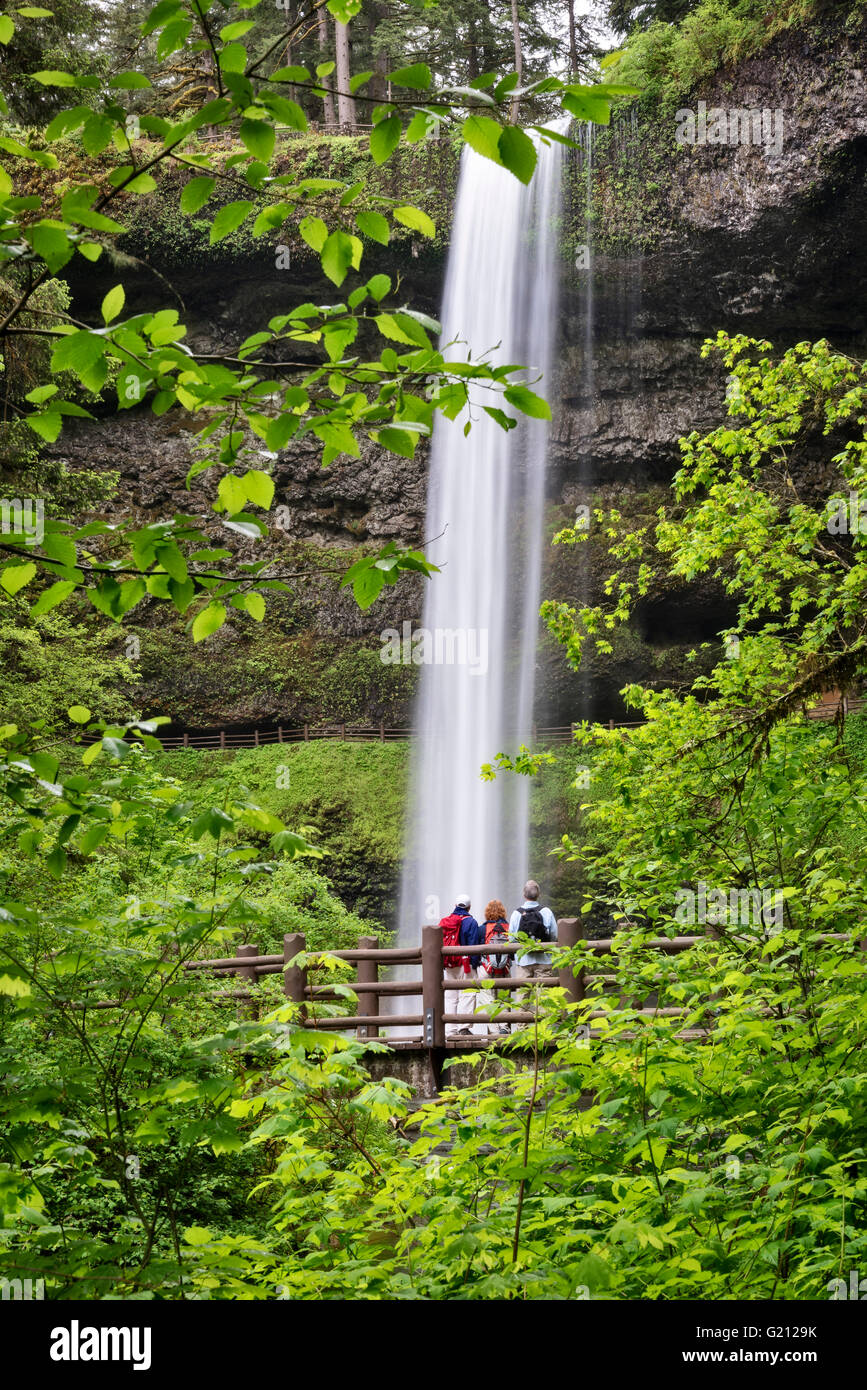 South Falls, with hikers on Trail of Ten Falls bridge; Silver Falls State Park, Oregon. Stock Photo