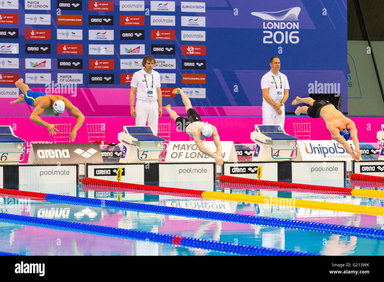 Aquatics Centre, London, UK, 21st May 2016. European Swimming Championships. Men's 50m breaststroke final.  The two British swimmers, Peaty and Murdoch are off to a good start. British favourite Adam Peaty wins the gold medal in 26.66, with 2nd British swimmer Ross Murdoch taking Bronze in 27.31, whilst silver goes to Slovenian Peter John Stevens in 27.09. Credit:  Imageplotter News and Sports/Alamy Live News Stock Photo