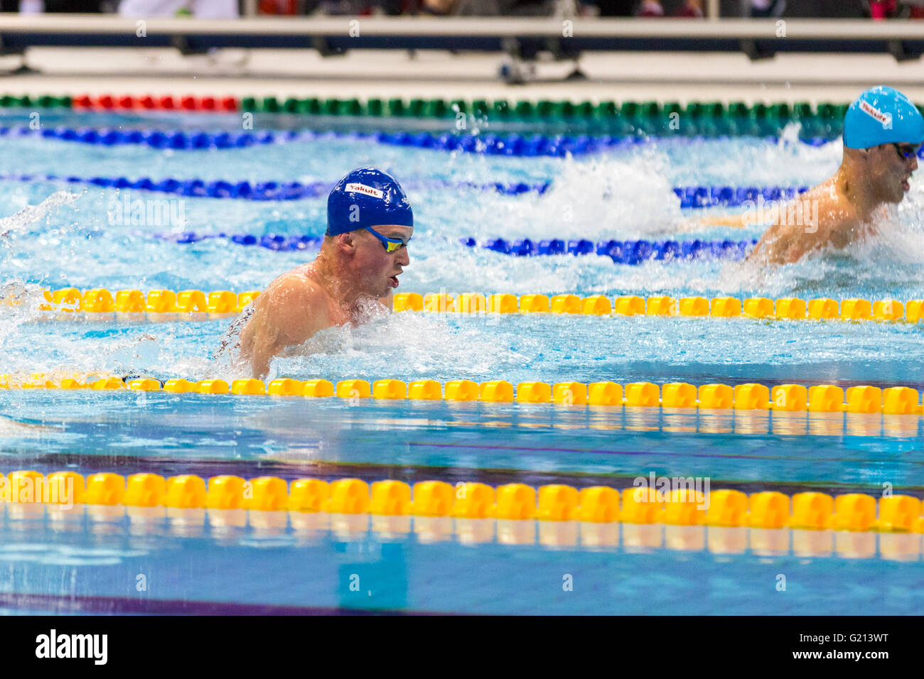 Aquatics Centre, London, UK, 21st May 2016. European Swimming Championships. Men's 50m breaststroke final. Adam Peaty during the race. British favourite Adam Peaty wins the gold medal in 26.66, with 2nd British swimmer Ross Murdoch taking Bronze in 27.31, whilst silver goes to Slovenian Peter John Stevens in 27.09. Credit:  Imageplotter News and Sports/Alamy Live News Stock Photo