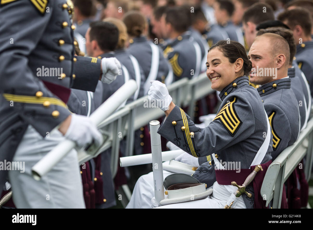 West Point, USA. 21st May, 2016. Graduating cadets congratulate each other during the commencement ceremony at the United States Military Academy at West Point, New York, the United States, May 21, 2016. Some 953 cadets received their degrees and commissions as second lieutenants on Saturday. Credit:  Li Muzi/Xinhua/Alamy Live News Stock Photo