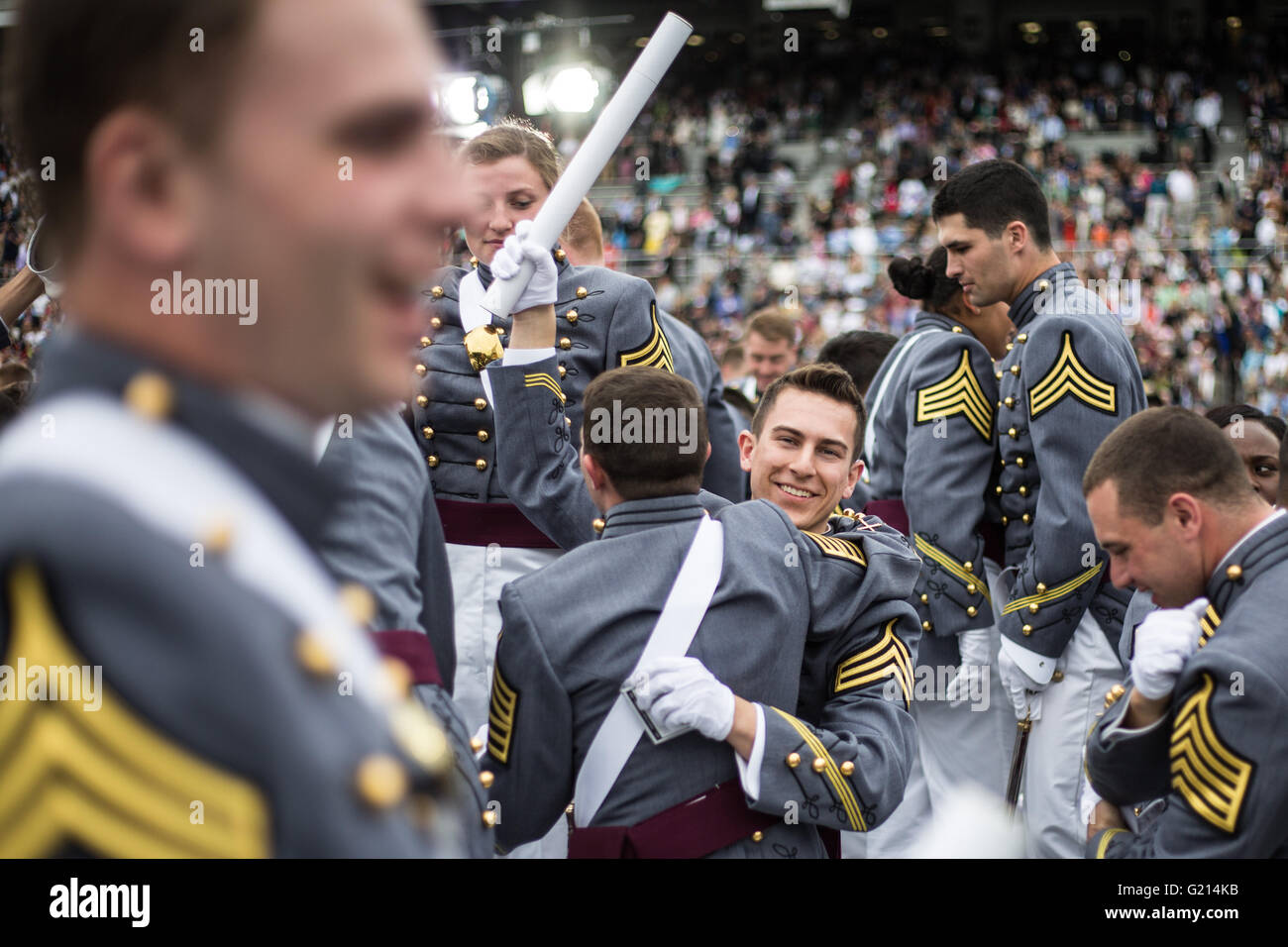 West Point, USA. 21st May, 2016. Graduating cadets congratulate each other during the commencement ceremony at the United States Military Academy at West Point, New York, the United States, May 21, 2016. Some 953 cadets received their degrees and commissions as second lieutenants on Saturday. Credit:  Li Muzi/Xinhua/Alamy Live News Stock Photo