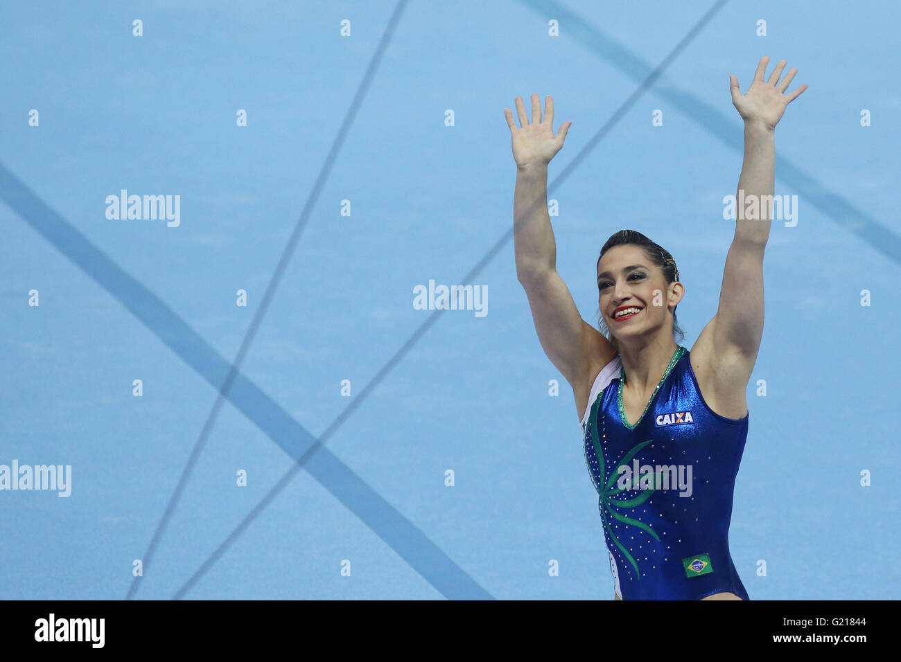 Sao Paulo, Brazil. 21st May, 2016. Brazil's Daniele Hypolito celebrates her first place at the end of the women's vault competition during the 2016 Artistic Gymnastics World Challenge Cup, in Sao Paulo, Brazil, on May 21, 2016. The Brazilian stage of the Artistic Gymnastics World Challenge Cup IS held in Sao Paulo from May 2O to 22, with the participation of gymnasts of eight countries, namely Brazil, Argentina, Chile, Colombia, Venezuela, Germany, Finland and Japan. © Rahel Patrasso/Xinhua/Alamy Live News Stock Photo