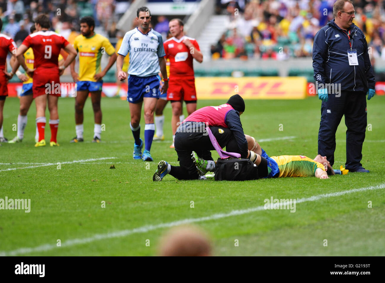 London, UK. 21st May, 2016. Lucas Muller (BRA) lying on the pitch in agony after an aggressive tackle in their pool match with Russia, HSBC World Rugby Sevens Series, Twickenham Stadium, London, UK. He was eventually stretchered off the pitch. Russia went on to win the match by 14-5. Credit:  Michael Preston/Alamy Live News Stock Photo