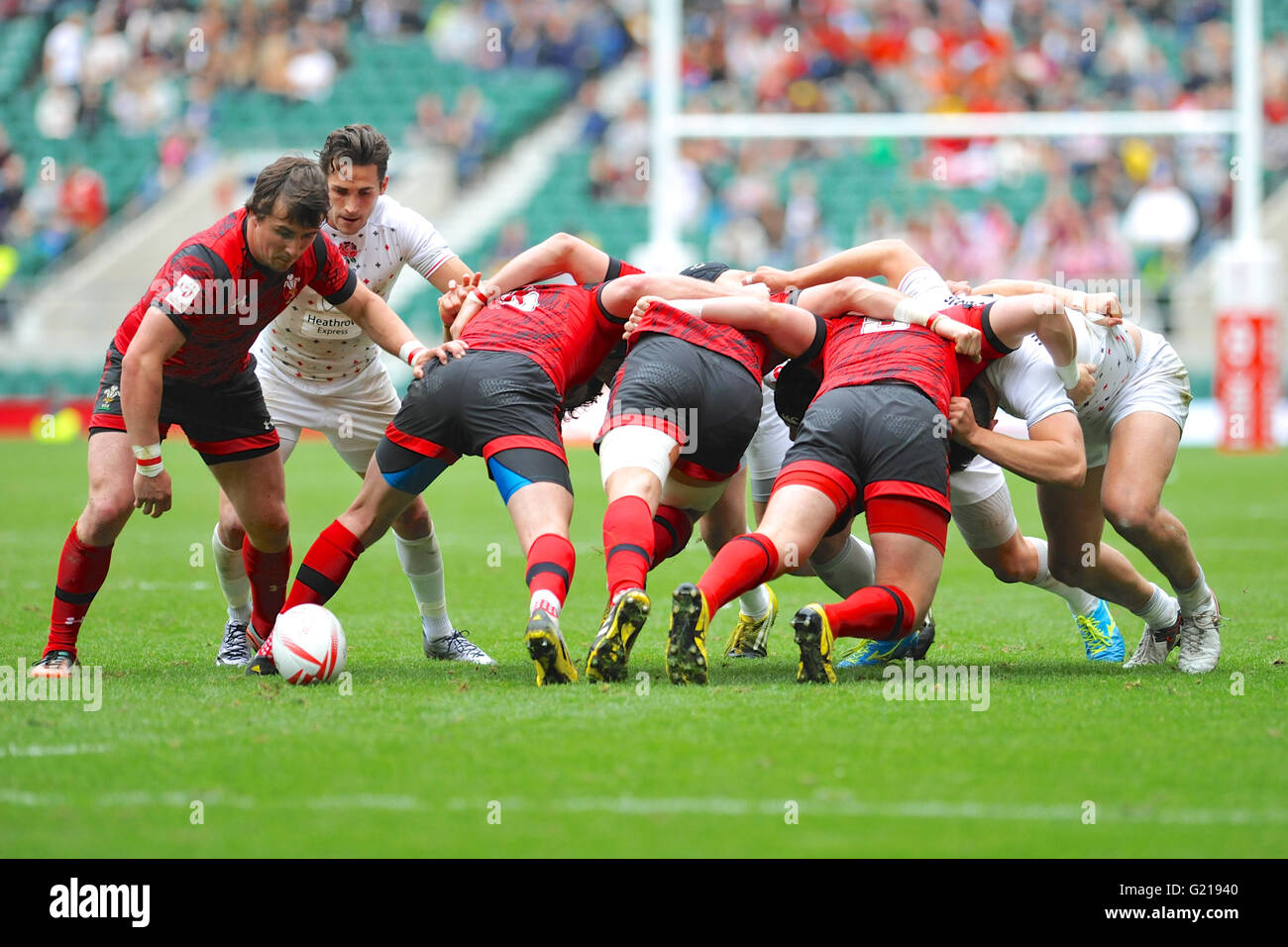 London, UK. 21st May, 2016. Rhodri Williams (WAL)  looking to pass the ball after a scrum with England during their pool match, HSBC World Rugby Sevens Series, Twickenham Stadium, London, UK. England went on to win the match 24-5. Credit:  Michael Preston/Alamy Live News Stock Photo