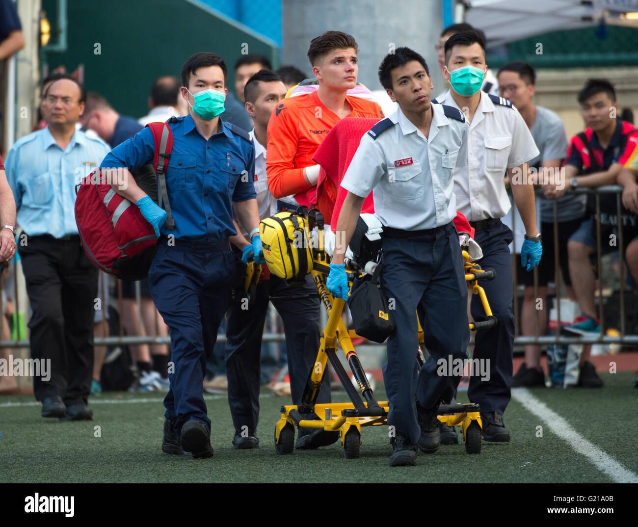 Hong Kong, 22nd May 2016.HKFC Citibank Soccer sevens Cup final Aston Villa vs West Ham United. Aston Villa take the cup. Goalkeeper MATIJA SARKIC is stretchered away after an injury sustained during a great save. Stock Photo