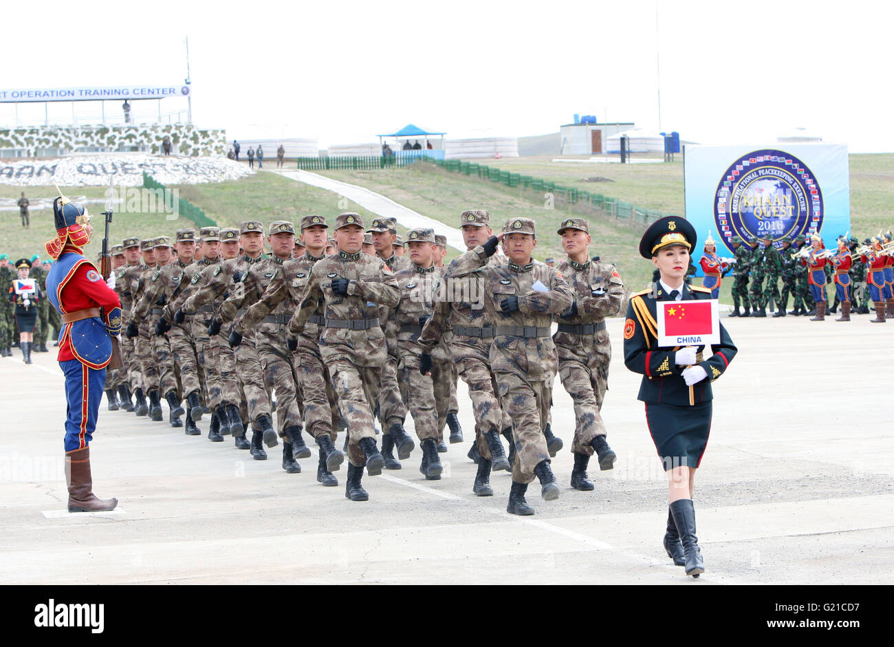 (160522) -- ULAN BATOR, May 22, 2016 (Xinhua) -- Chinese soldiers are on a parade at the opening ceremony of the Khan Quest 2016 peacekeeping military drill in Tavan Tolgoi, Mongolia, May 22, 2016. Mongolia. Mongolia kicked off its annual multinational peacekeeping drill on Sunday, with an eye to boosting military-to-military interoperability on peacekeeping missions. Military personnel from 47 countries in five continents have arrived in Tavan Tolgoi, a Mongolian military training ground about 65 kilometers away from Ulan Bator, capital of Mongolia, for the military exercise code-named 'Khan Stock Photo