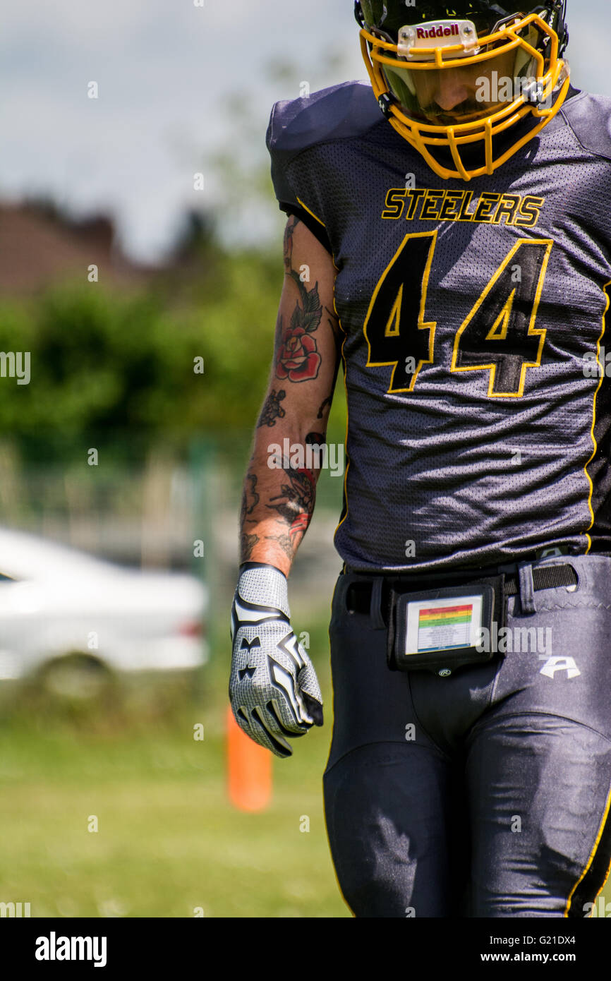 Bedford, UK. 22nd May, 2016. Sandwell Steelers player during the British  American Football Association National Leagues' Midland Football Conference  1 game between the Ouse Valley Eagles and Sandwell Steelers at the Bedford