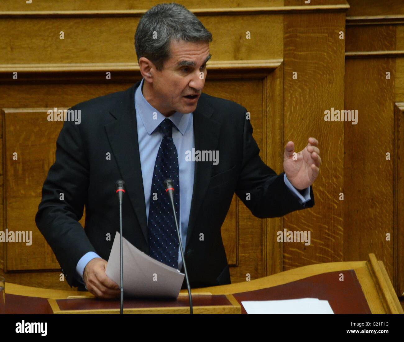 Ioannis Loverdos MP of Democratic Coalition talsk at the Greek parliament.  Greek lawmakers vote for a new pack of austerity measures in the Greek  parliament. (Photo by George Panagakis/Pacific Press Stock Photo -