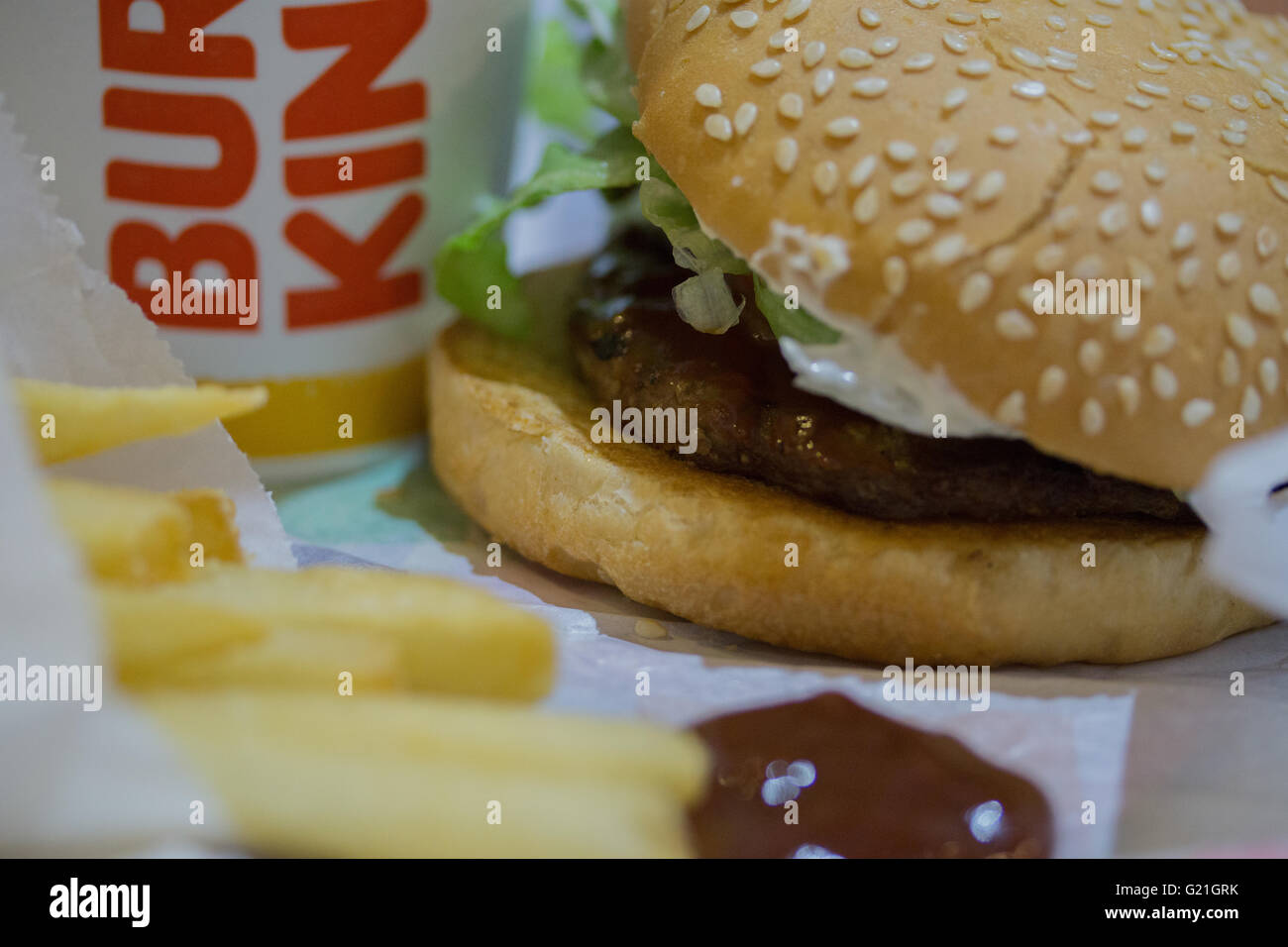 Burger King meal with fries and tomato ketchup Stock Photo