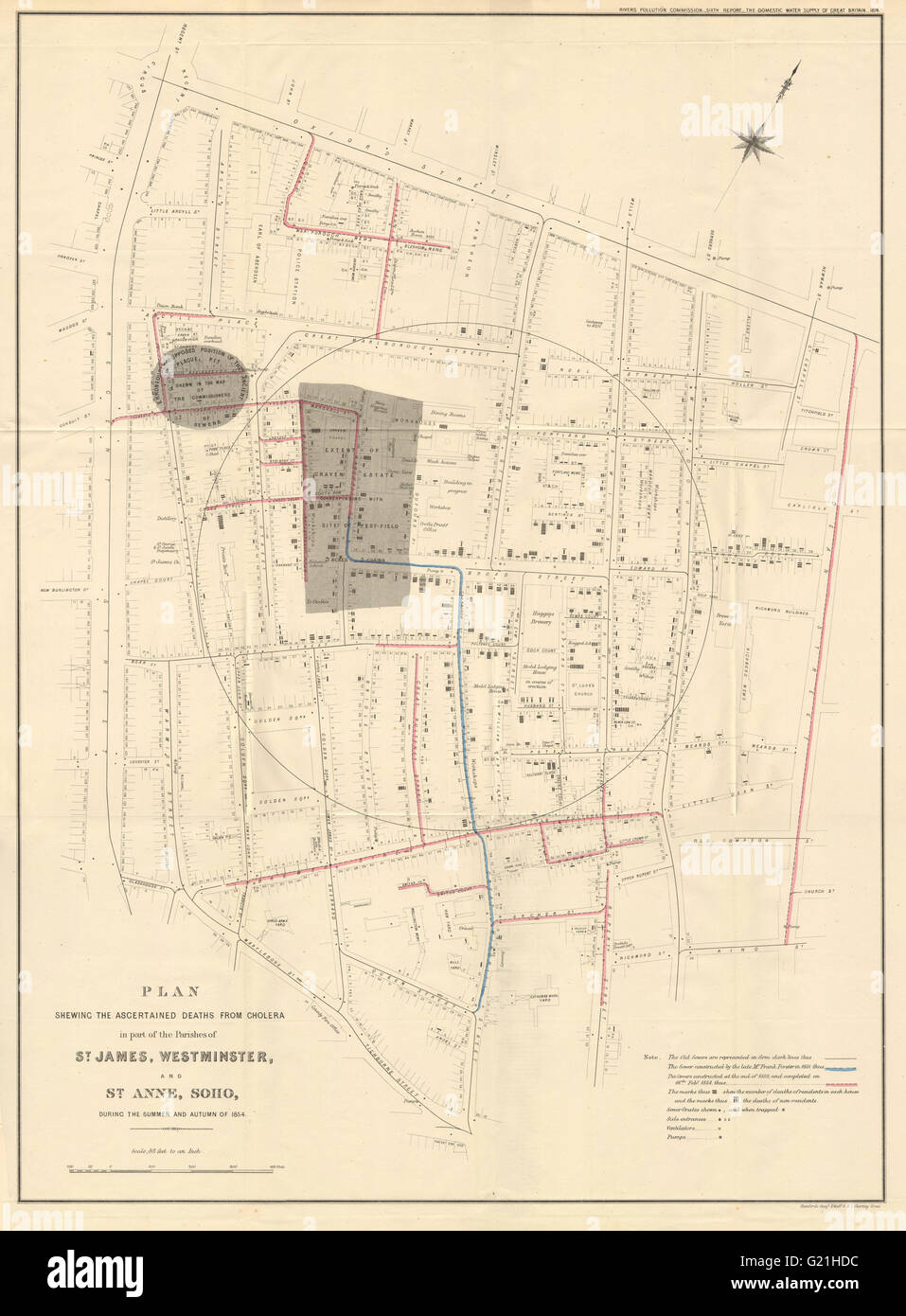 'Deaths From Cholera' outbreak in Soho, London in 1854. JOHN SNOW, 1874 map Stock Photo