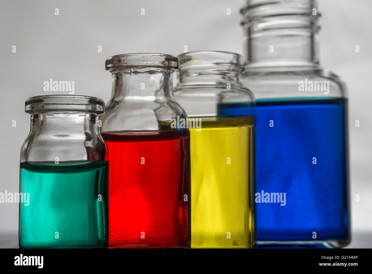 Set of laboratory bottles with color liquid Stock Photo Alamy