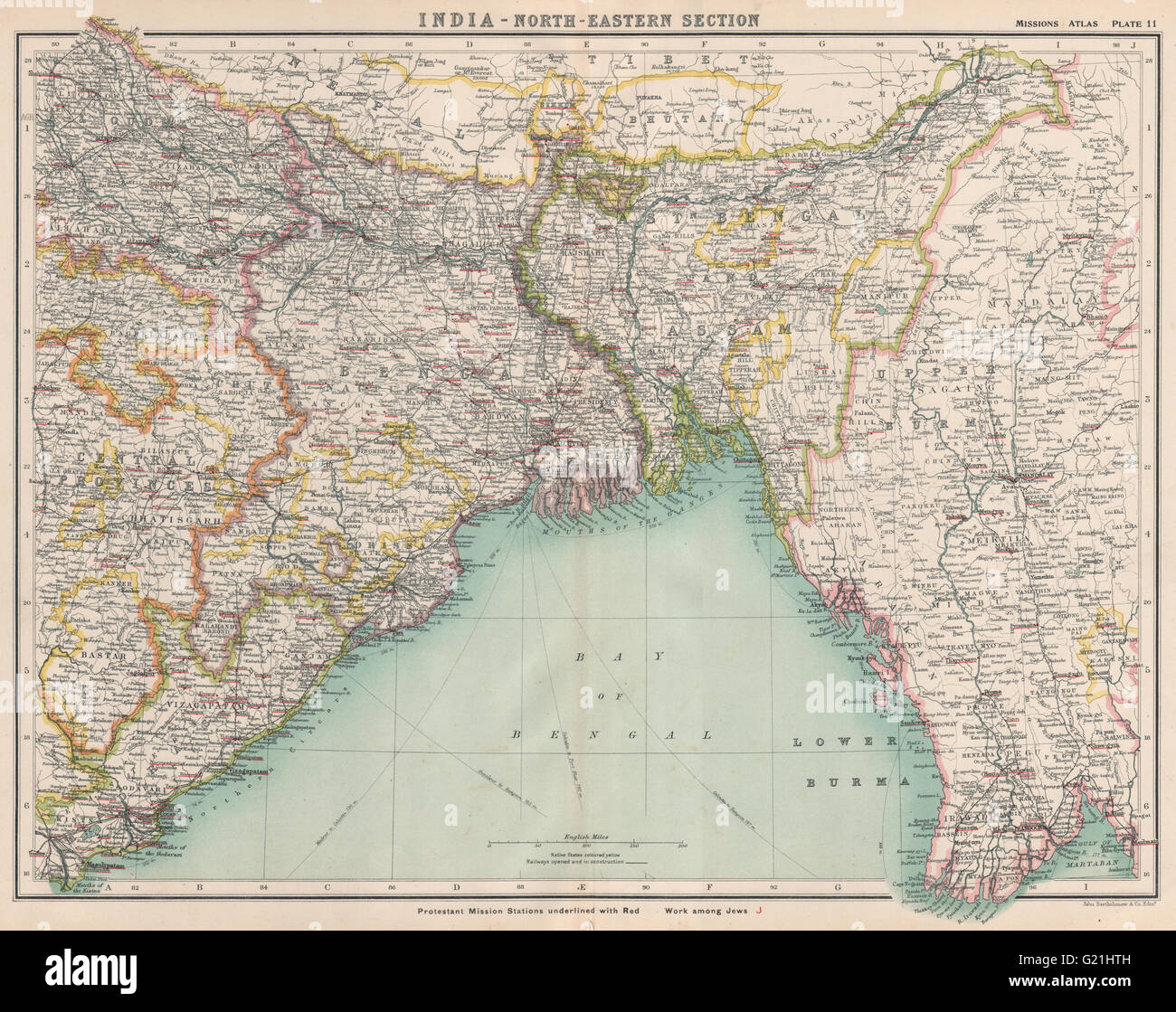 NORTH EAST BRITISH INDIA. Protestant Mission Stations. Burma Bangladesh 1911 map Stock Photo