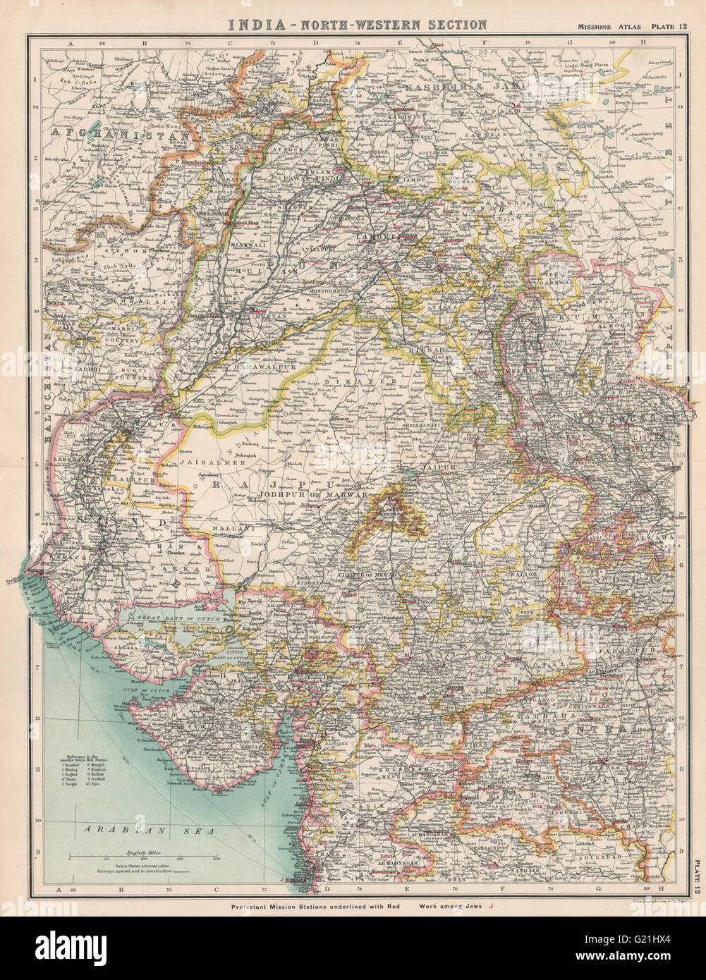NORTH WEST BRITISH INDIA. Protestant Mission Stations. Pakistan, 1911 old map Stock Photo