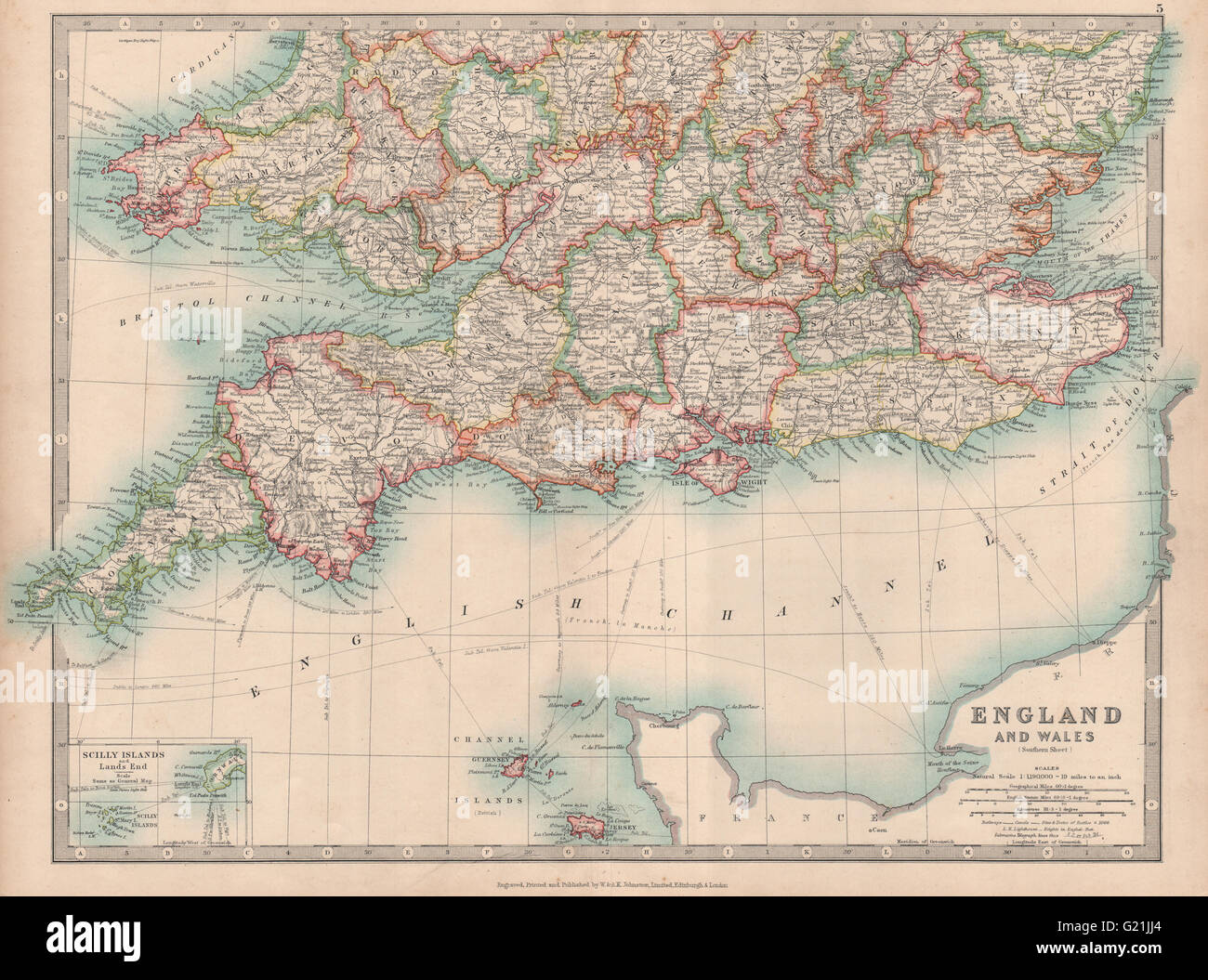 SOUTHERN ENGLAND & WALES. Shows Worcestershire enclaves. JOHNSTON, 1912 map Stock Photo