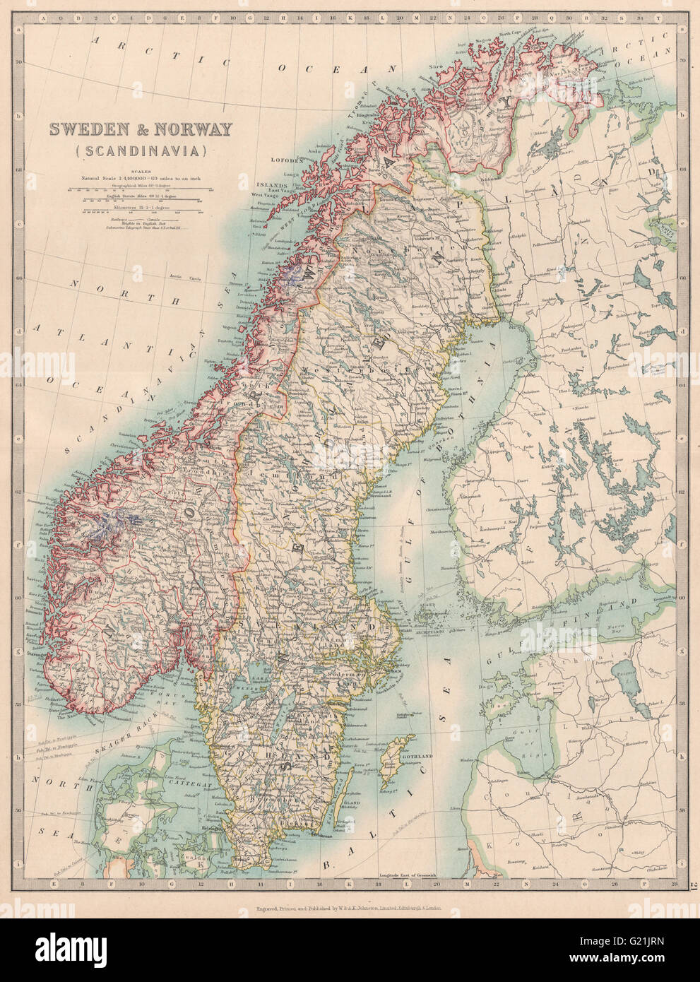 SCANDINAVIA. Sweden & Norway. Shows glaciers. JOHNSTON, 1912 antique map Stock Photo