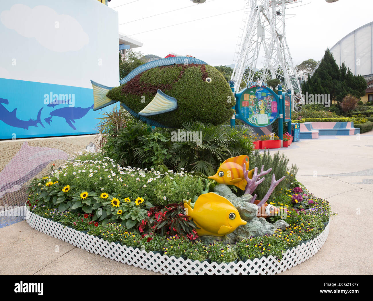 Giant size fish made of Topiary in Ocean Park Hong Kong Stock Photo