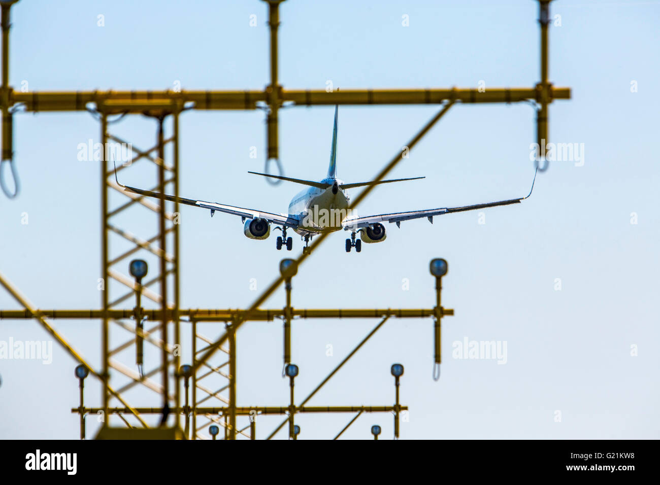 Amsterdam Schiphol Airport, plane approaches the runway, landing on Polderbaan, 18R / 36L, Stock Photo