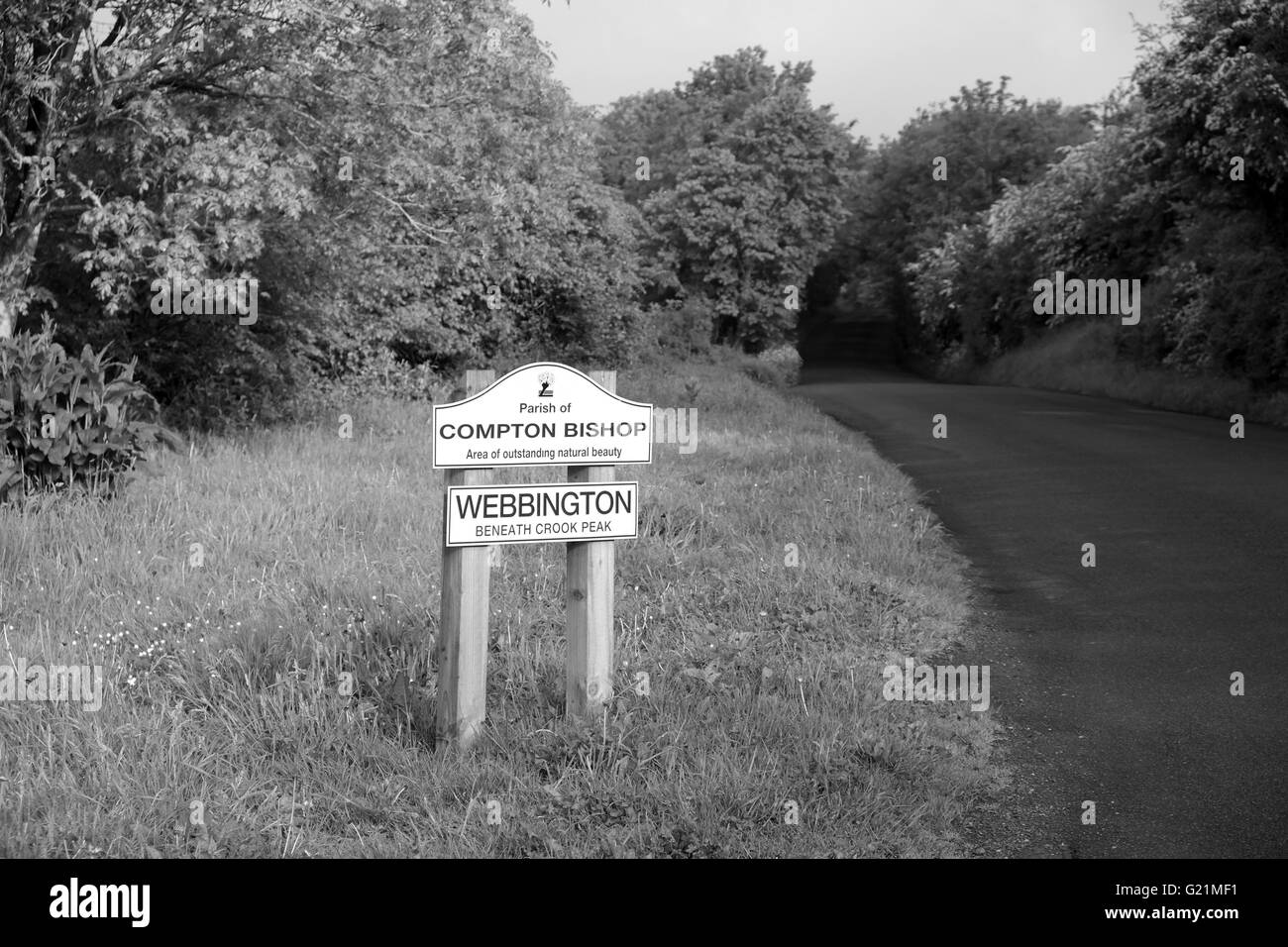 Parish welcome sign for Compton Bishop and Webbington in Somerset. May 2016 Stock Photo