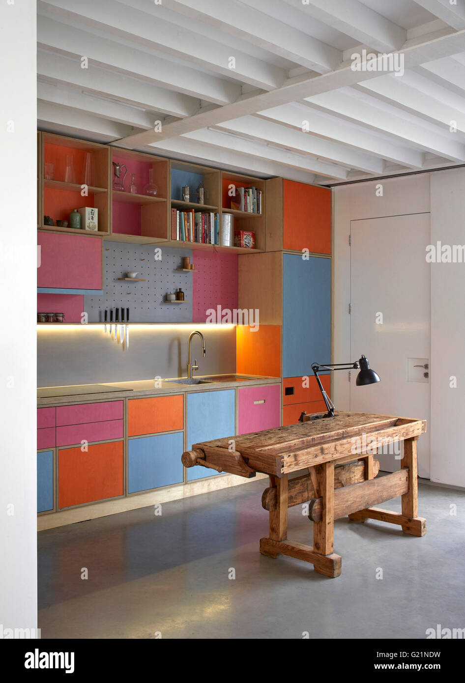Internal view towards kitchen. The Map House, London, United Kingdom. Architect: SAM Architects, 2015. Stock Photo