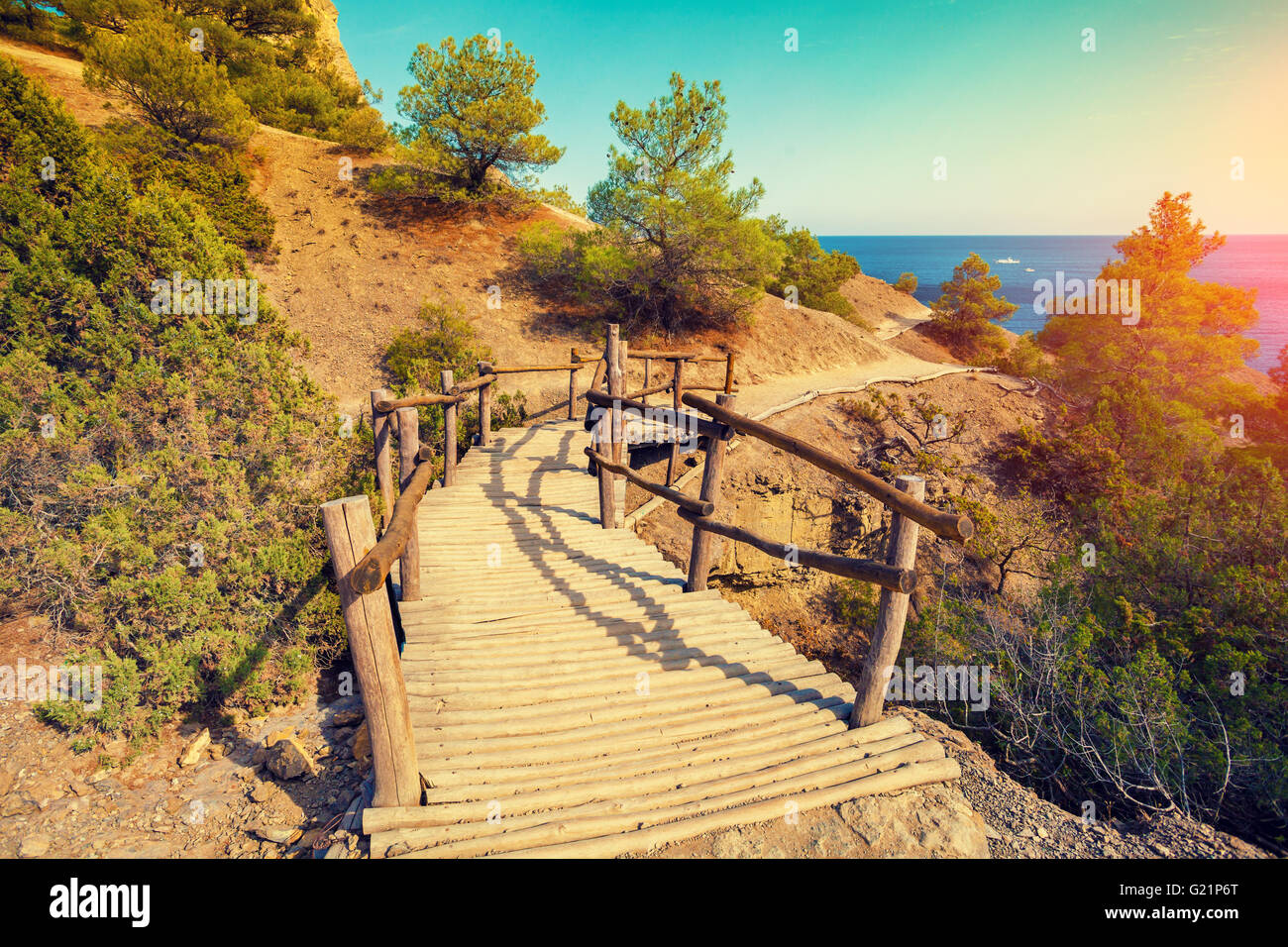 wooden bridge in autumn park Stock Photo