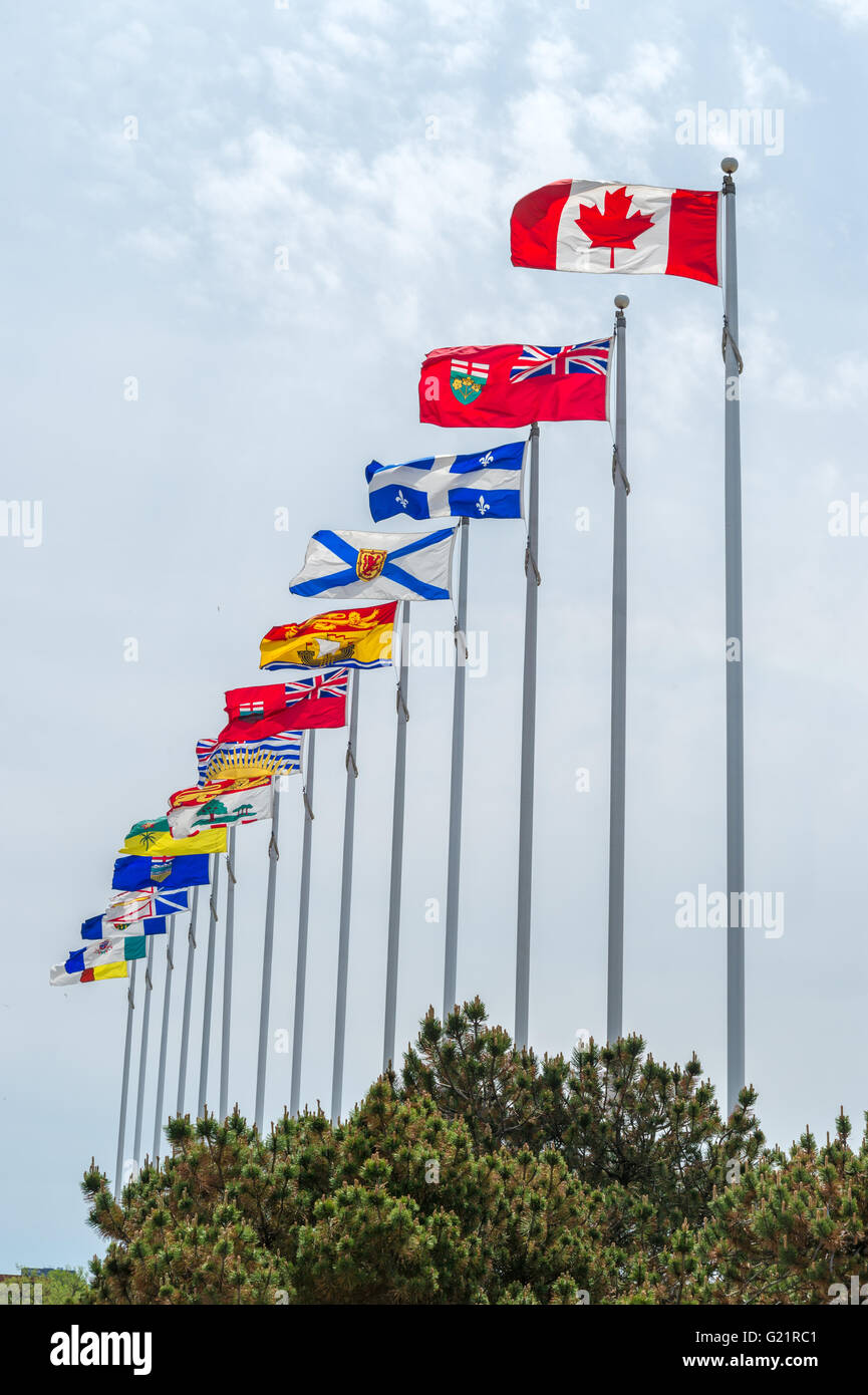 Picture of the canadian Flag along with the flags of the 10 Canadian Provinces and the 3 Canadian Territories, in Ottawa, Canada Stock Photo