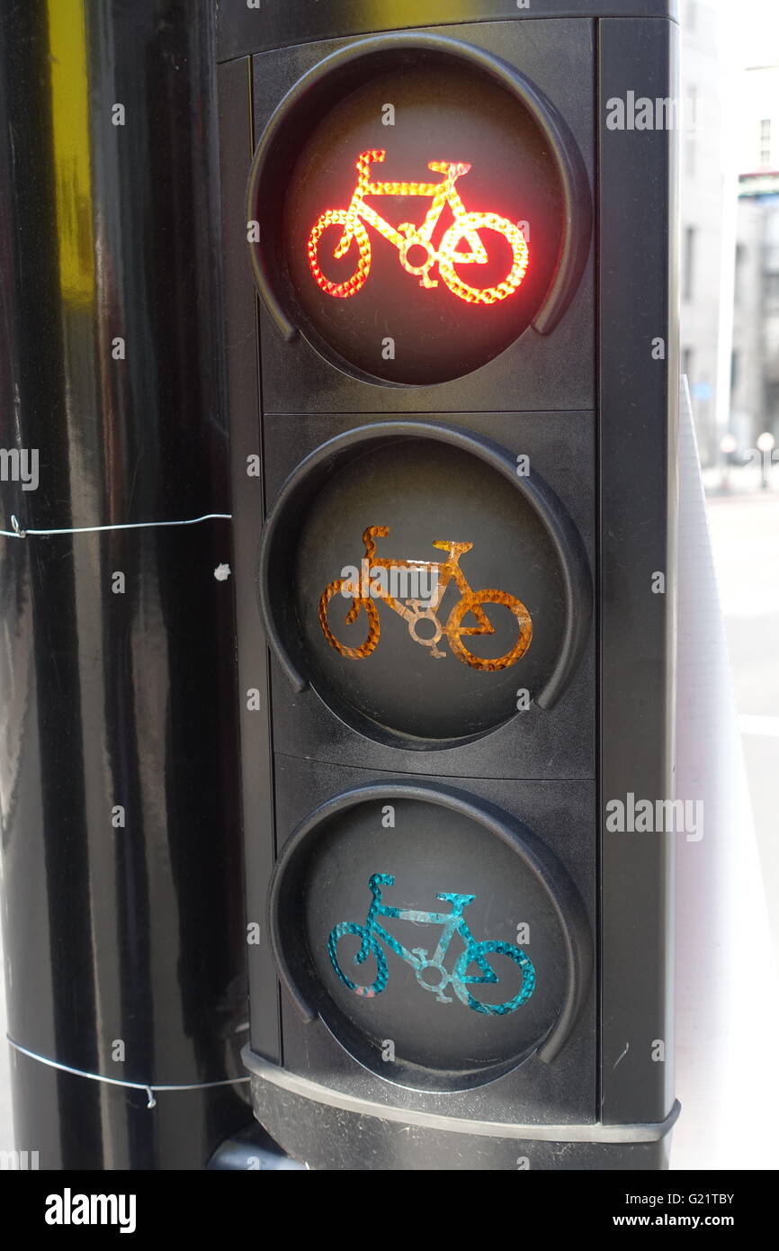 A close-up view of a London cycle superhighway traffic light Stock Photo