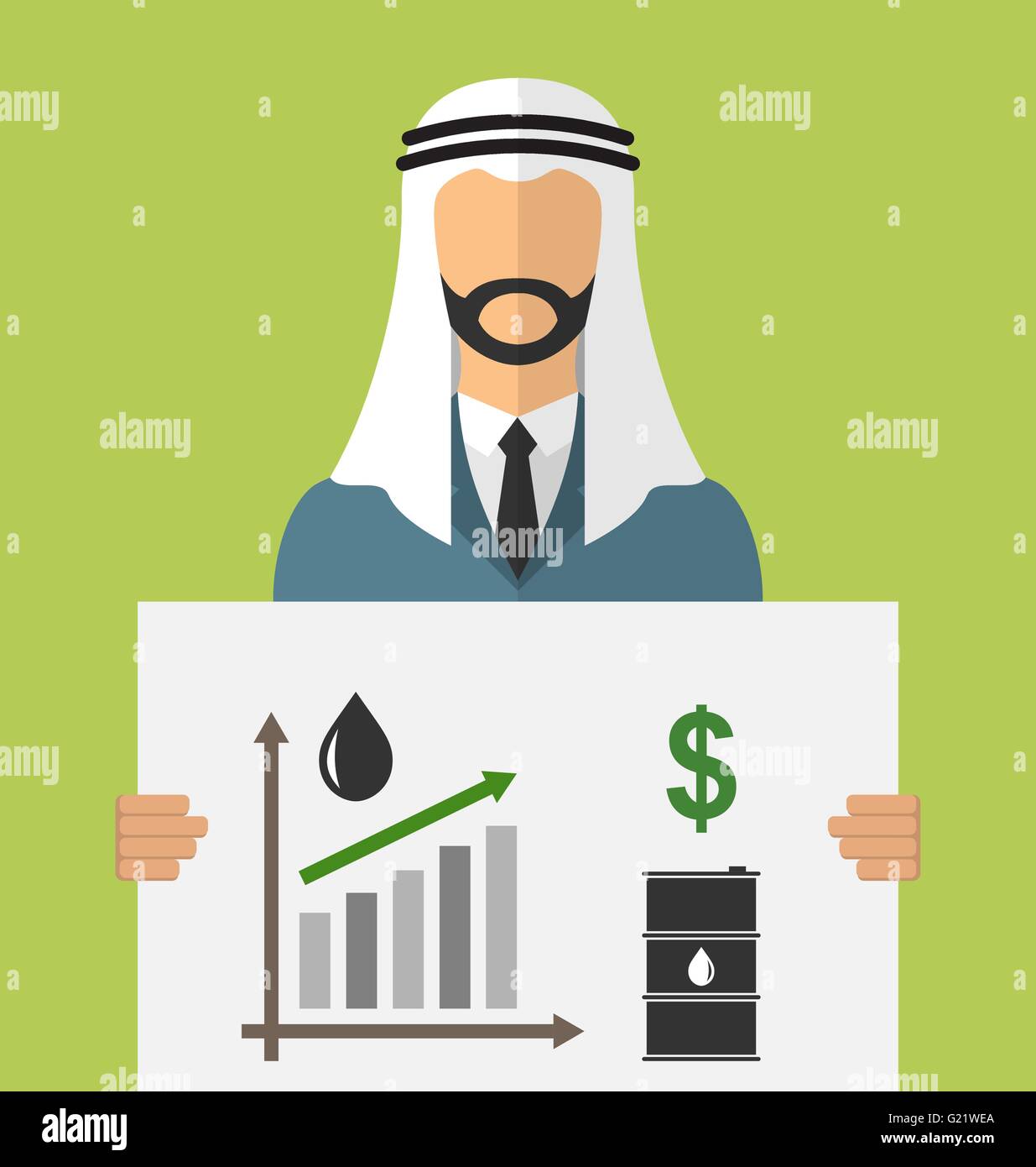 Arabic Businessman Holding Banner with Graphic of Oil Prices Up Stock Vector