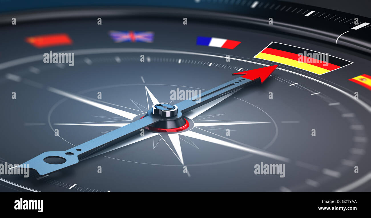 3D illustration of a compass with the needle pointing the german flag. Concept of germany excursion or tour. Stock Photo