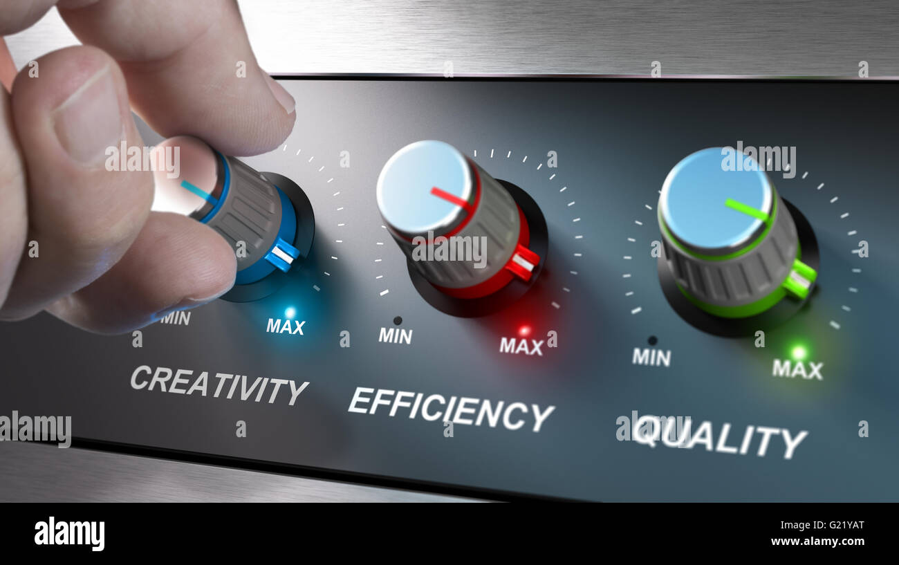 Hand turning knobs where it is written the words creativity, quality and efficiency. Concept for communication on company values Stock Photo