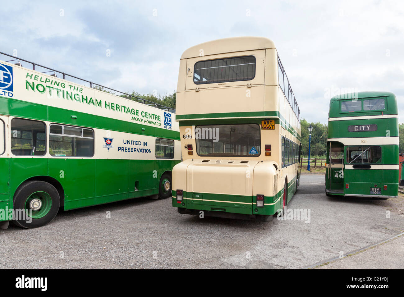 Old double decker buses from the rear at the Nottingham Transport Heritage Centre, Ruddington, Nottinghamshire, England, UK Stock Photo