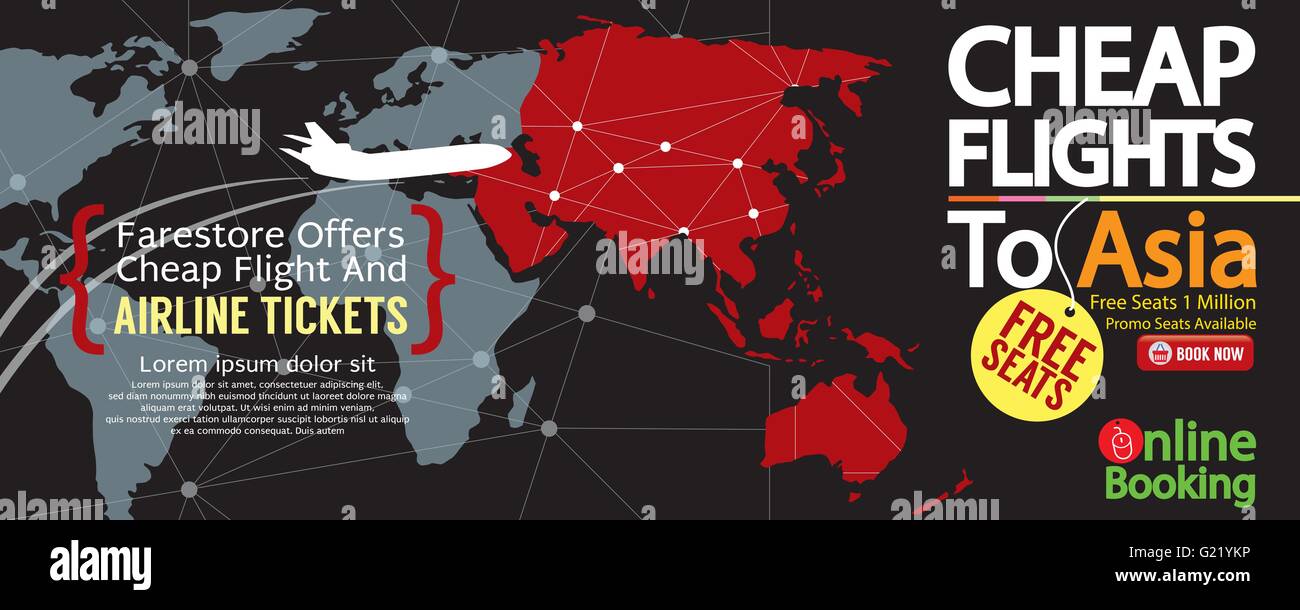 Cheap Flight To Asia 1500x600 Banner Vector Illustration Stock Vector