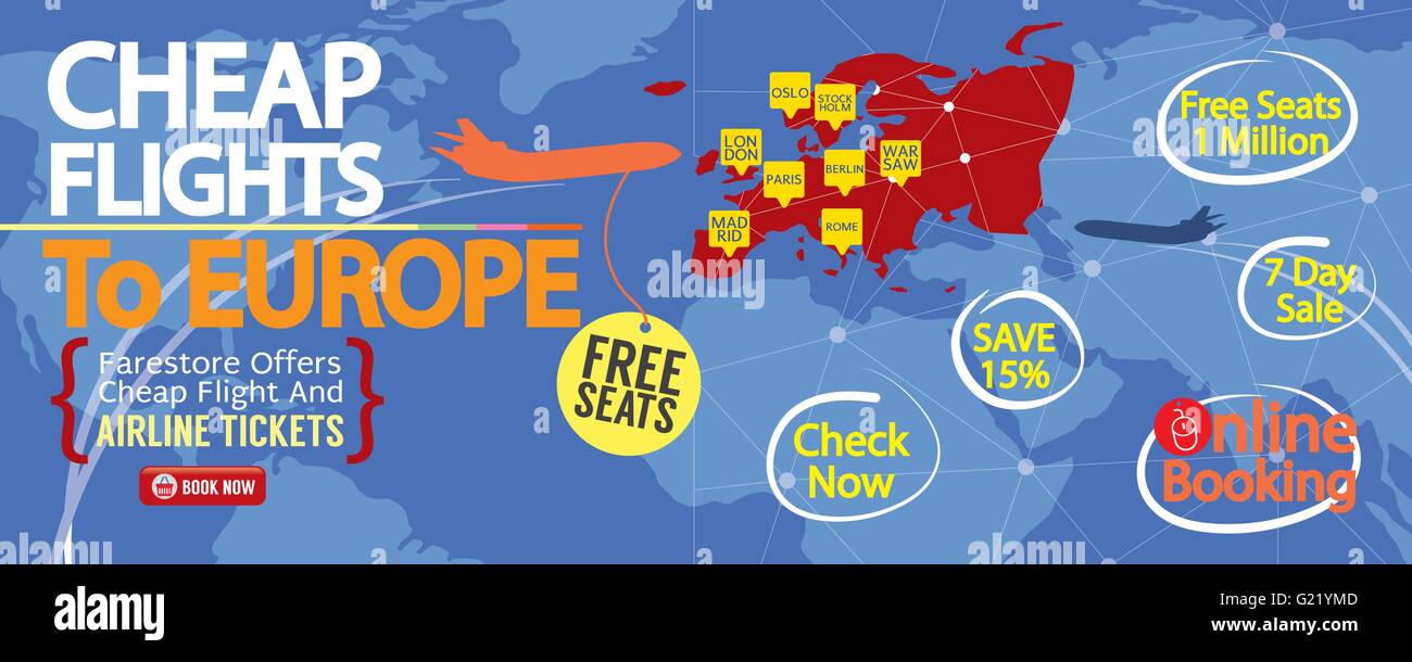 Cheap Flight To Europe 1500x600 Banner Vector Illustration Stock Vector