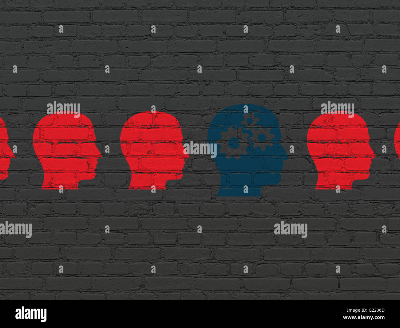 Learning concept: head with gears icon on wall background Stock Photo ...