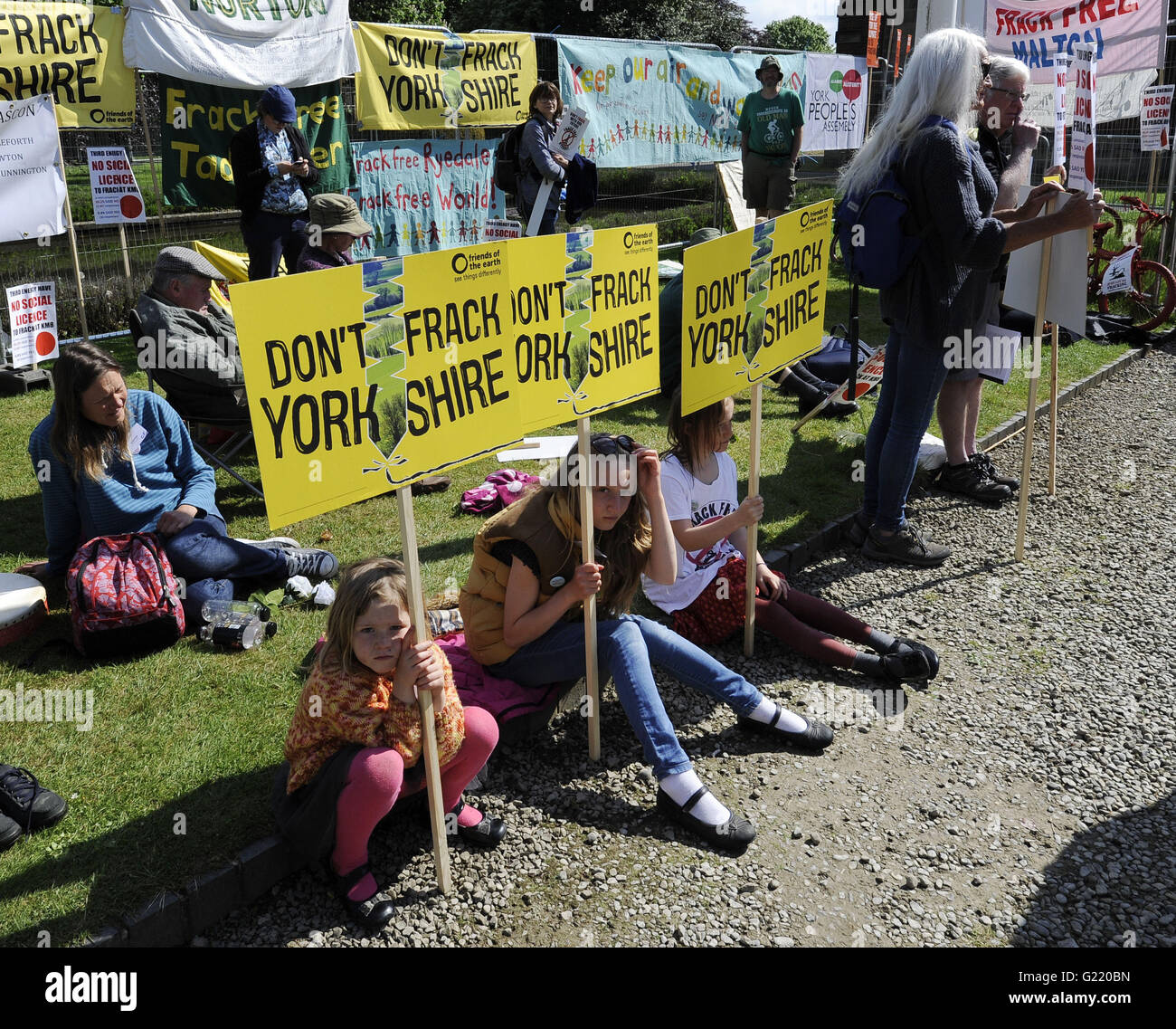 Protestors demonstrating against fracking gather outside County Hall, Northallerton, as the council meets to decide if fracking at sites in North Yorkshire should be allowed. Stock Photo