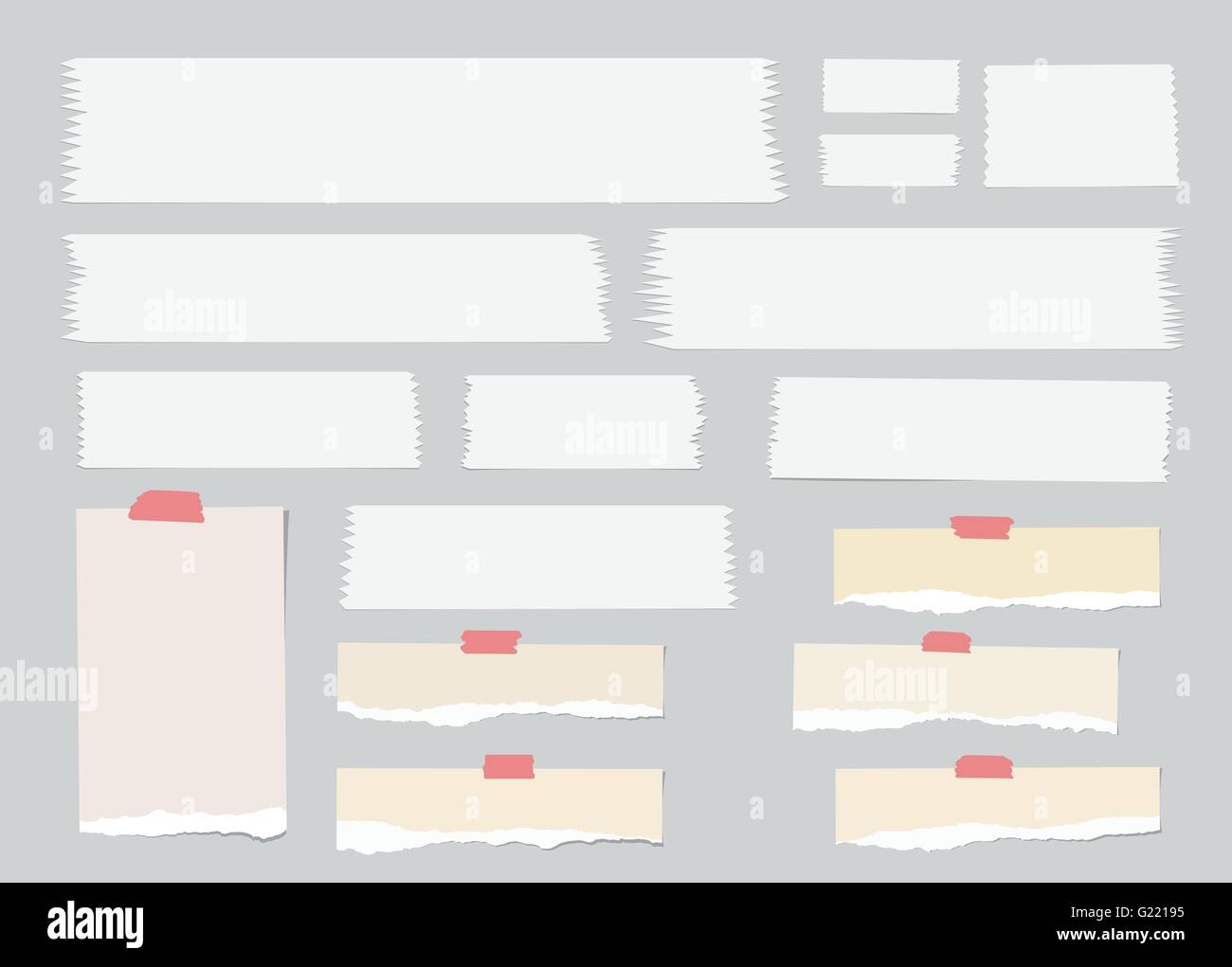 Pieces of ripped brown blank note paper, white sticky, adhesive tapes ...