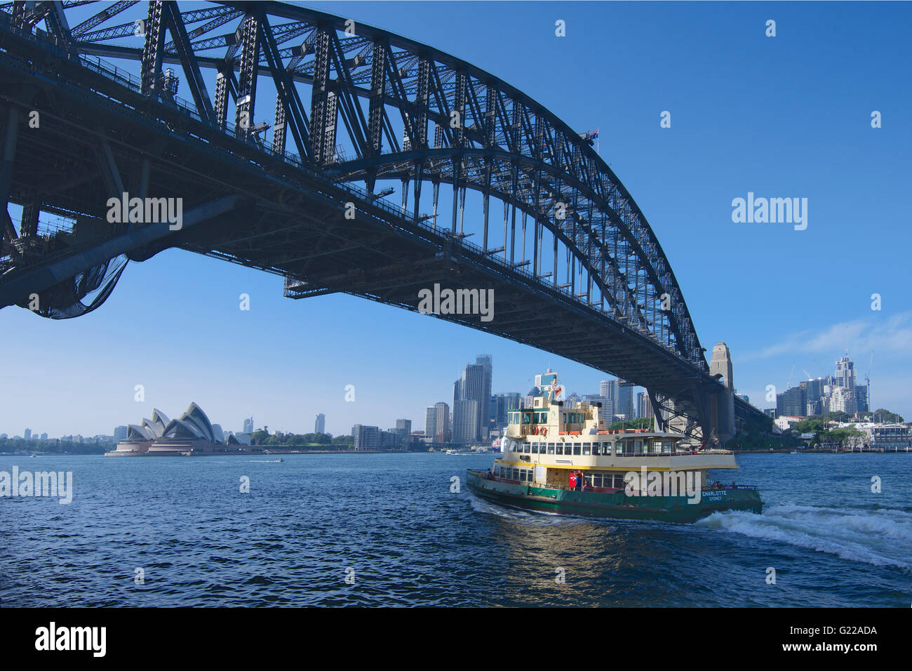 Sydney Harbour Bridge and ferry from Milsons Point Sydney NSW Australia Stock Photo