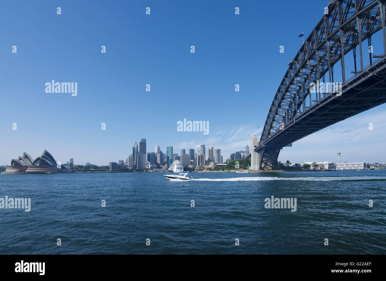 Sydney Harbour Bridge, Circular Quay and Opera House from Milsons Point Sydney NSW Australia Stock Photo