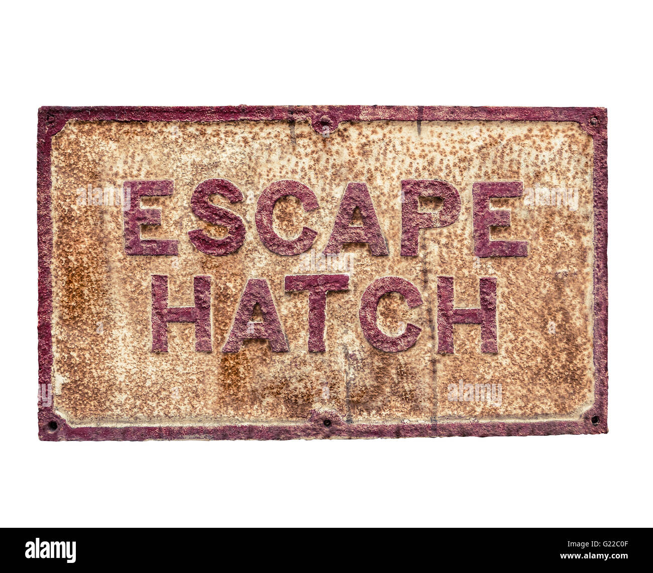 Isolated Rusty Emergency Escape Hatch Sign On A White Background Stock Photo