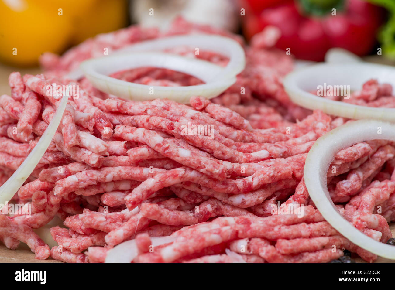 Raw minced meat and onion rings closeup with fresh vegetables on the