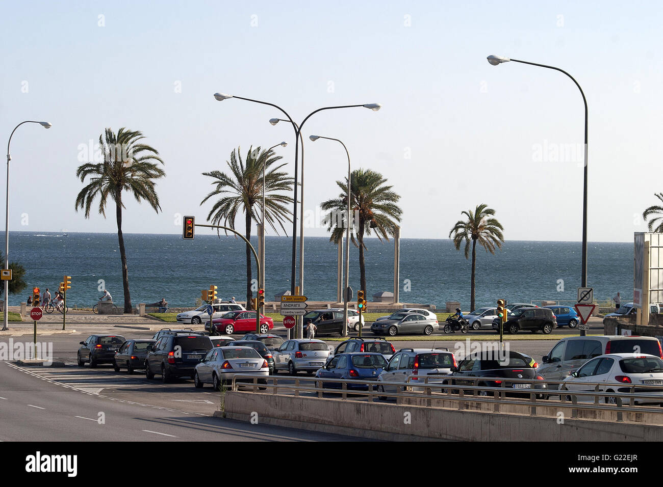 a poetic picture of cars in line at traffic light in the city of Palma, Palma de Mallorca, Spain, seaside, tourism, holidays Stock Photo