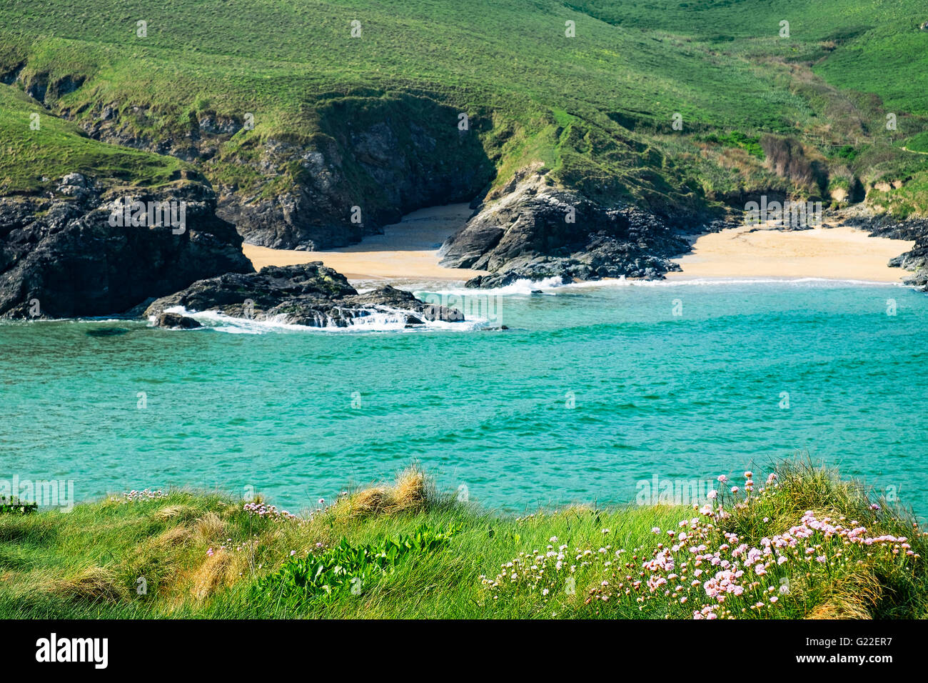 secluded coves at Porth Joke near Newquay in Cornwall, England, UK Stock Photo