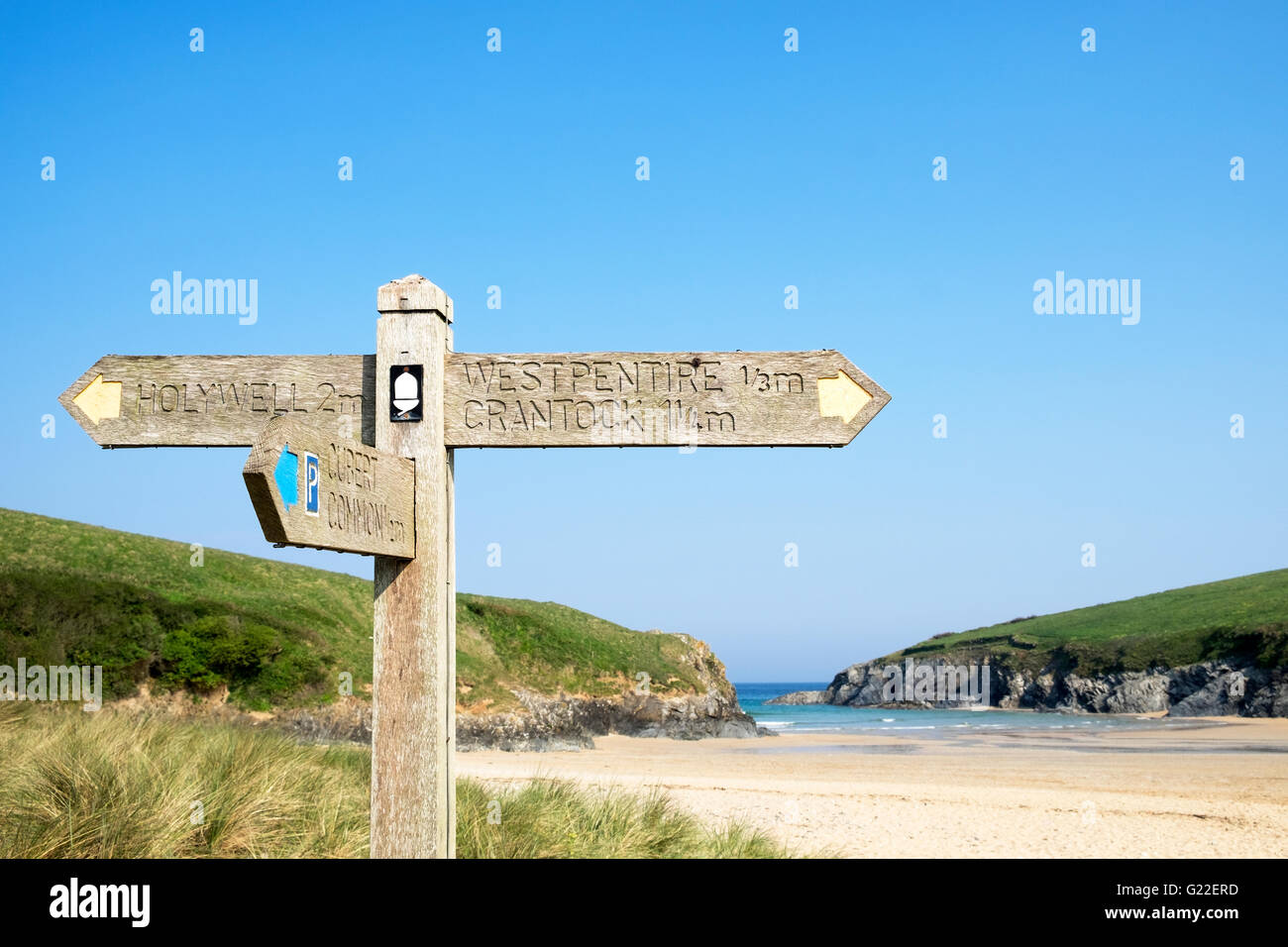 Southwest coast footpath sign at Porth Joke near Newquay in Cornwall, UK Stock Photo