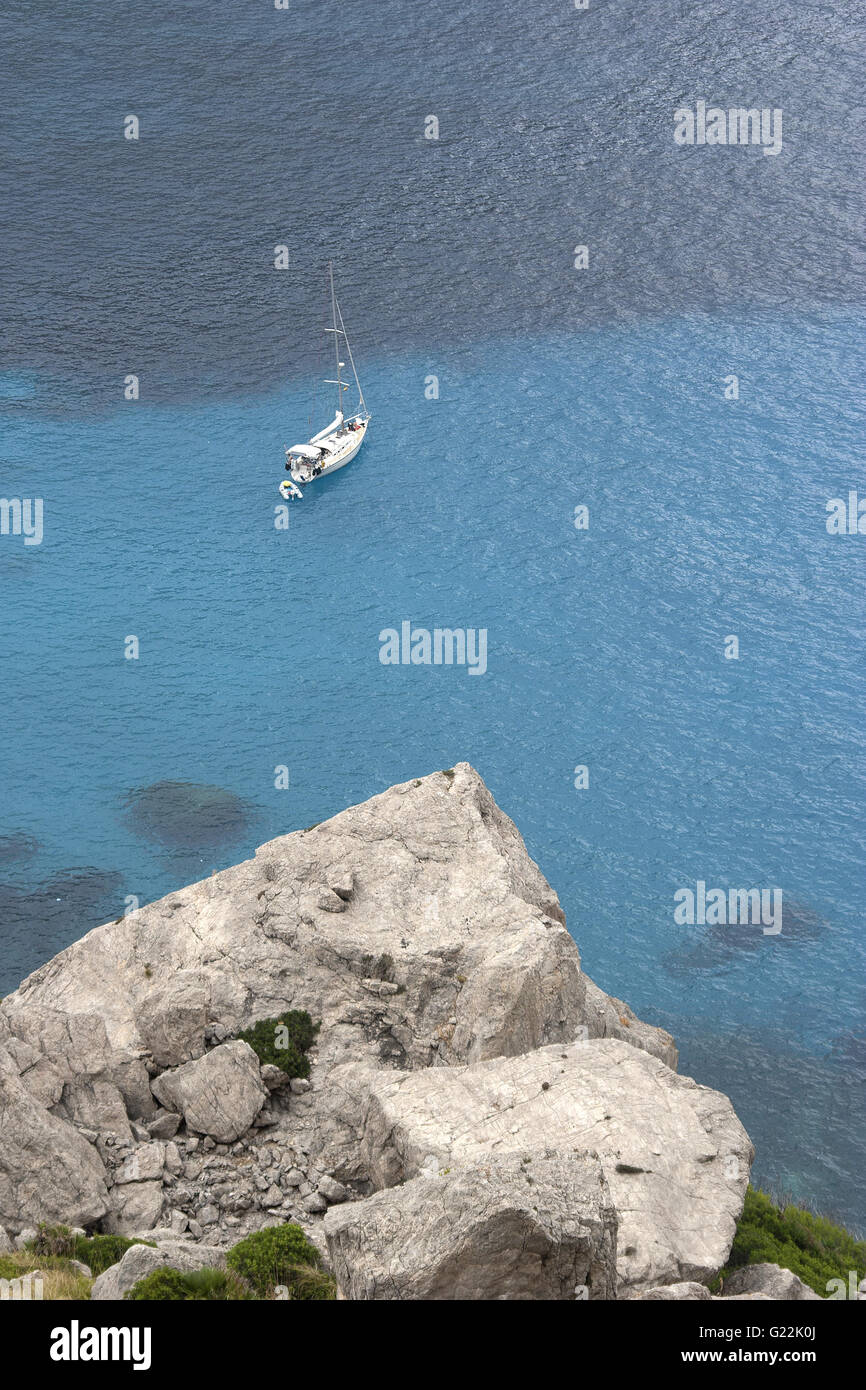 a beautiful photo of crystal clear water and boat from above, Palma de Mallorca, Spain, seaside, tourism, holidays, summer Stock Photo