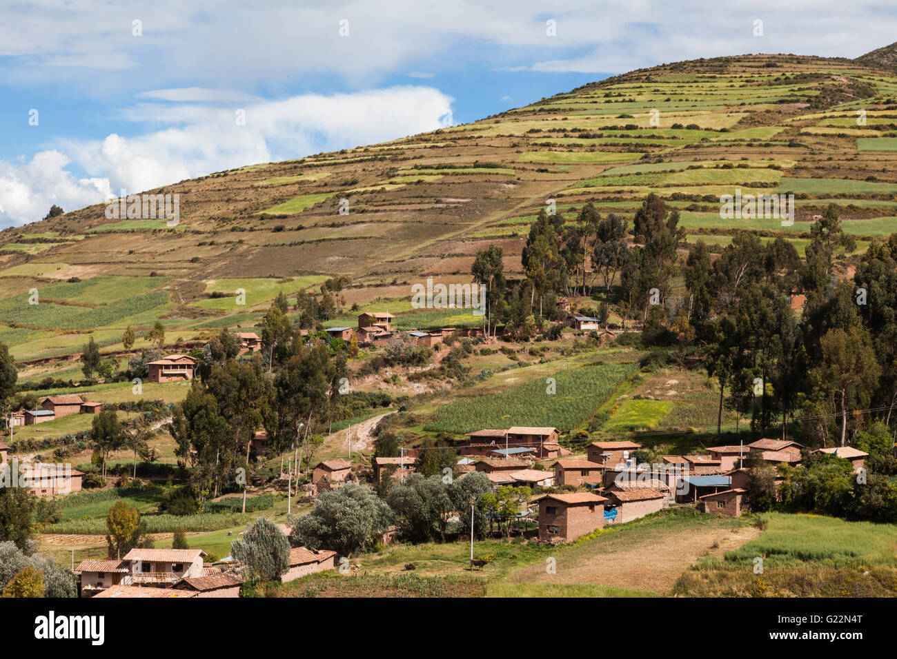 Cultivated fields above the Andean village of Misminay, Peru Stock Photo