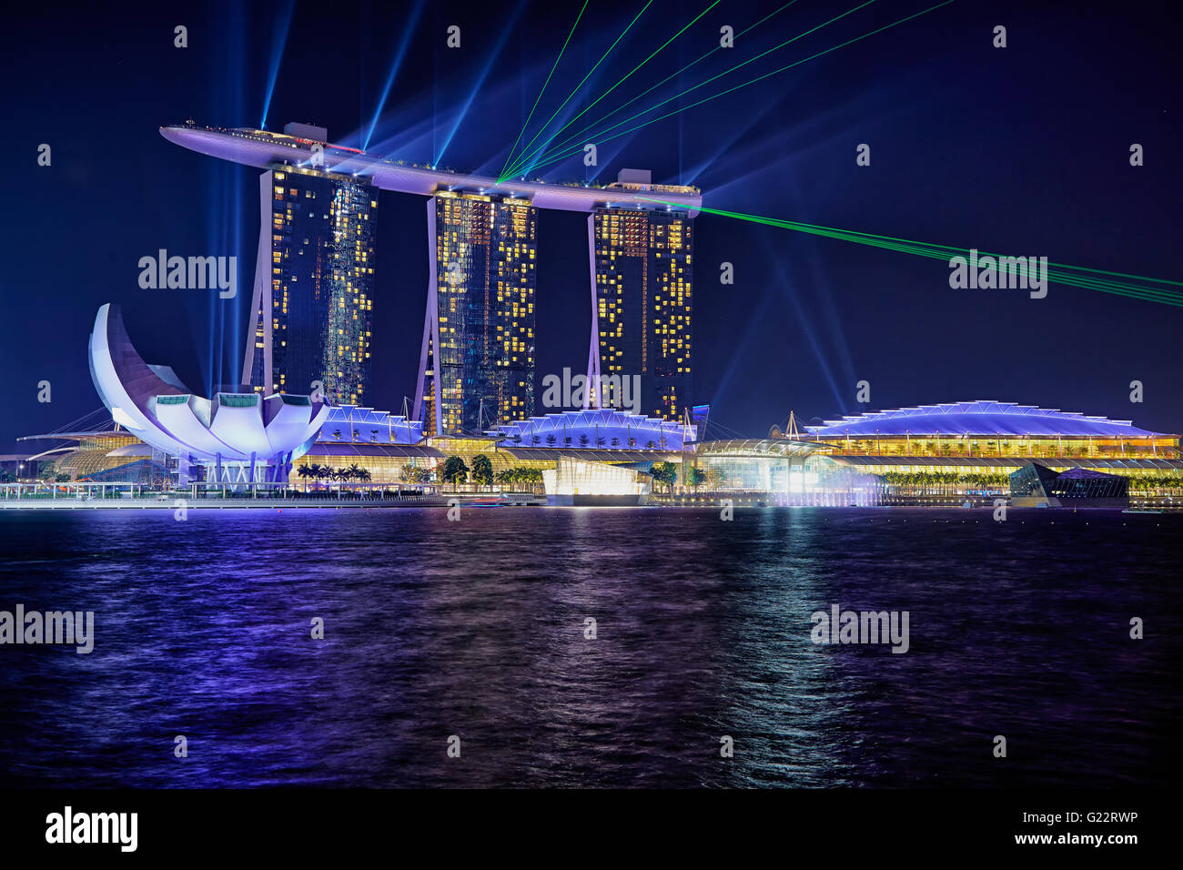 Evening light show featuring Marina Bay Sands in Singapore on July 12, 2012. Stock Photo