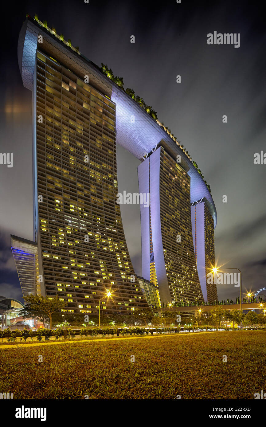Exterior night view of Marina Bay Sands from Gardens by the Bay, Marina Bay, Singapore on July 22, 2012. Stock Photo